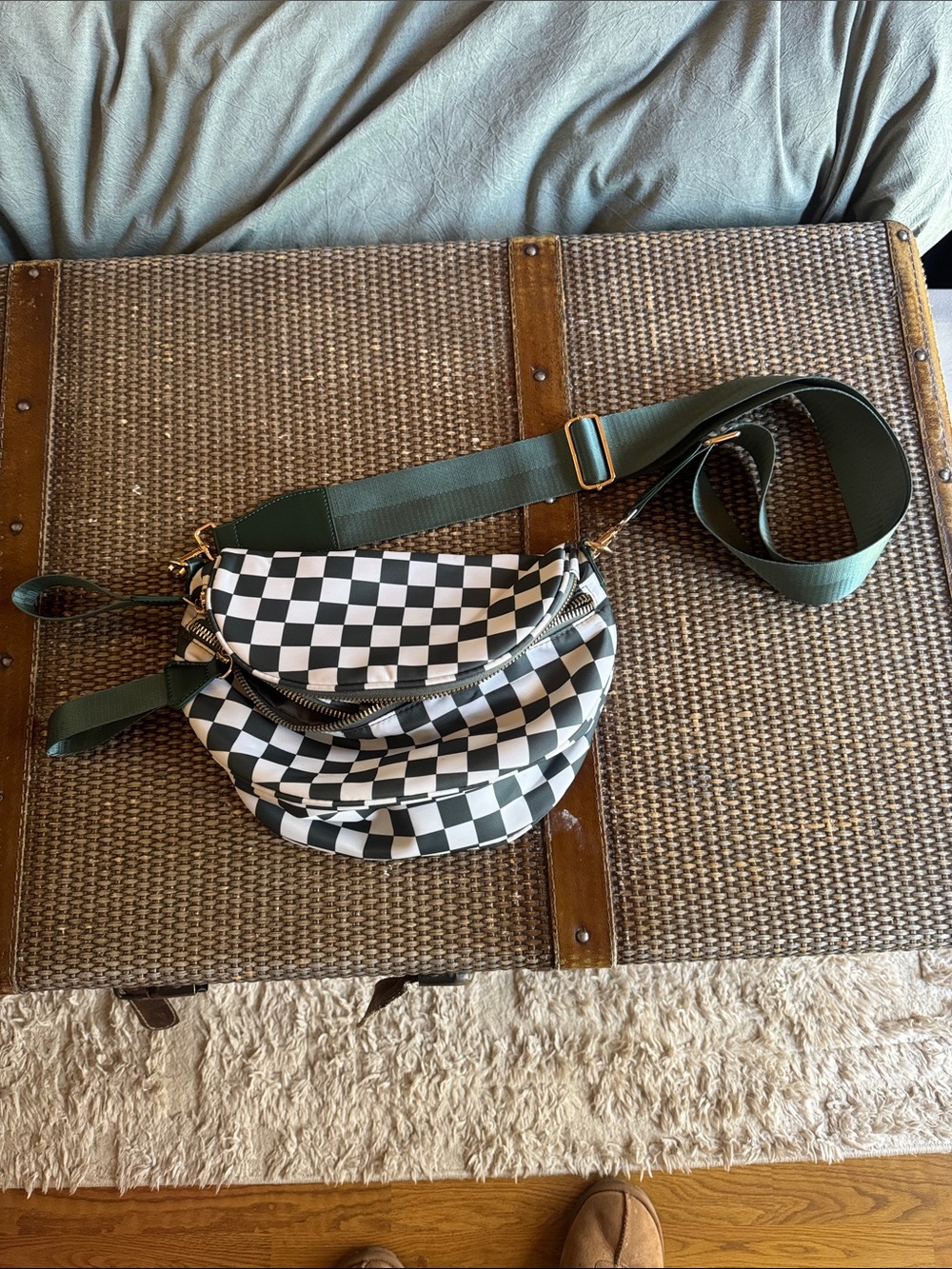 Viral Checkerboard Crossbody Belt Bag in Black and White with Green Strap